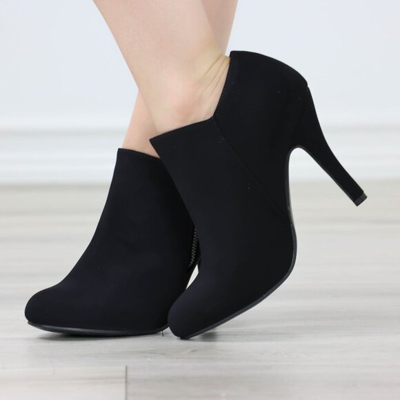 Heeled Ankle Booties Round Toe Stiletto High Heel Velvet Black Side Zipper - Picture 2 of 11